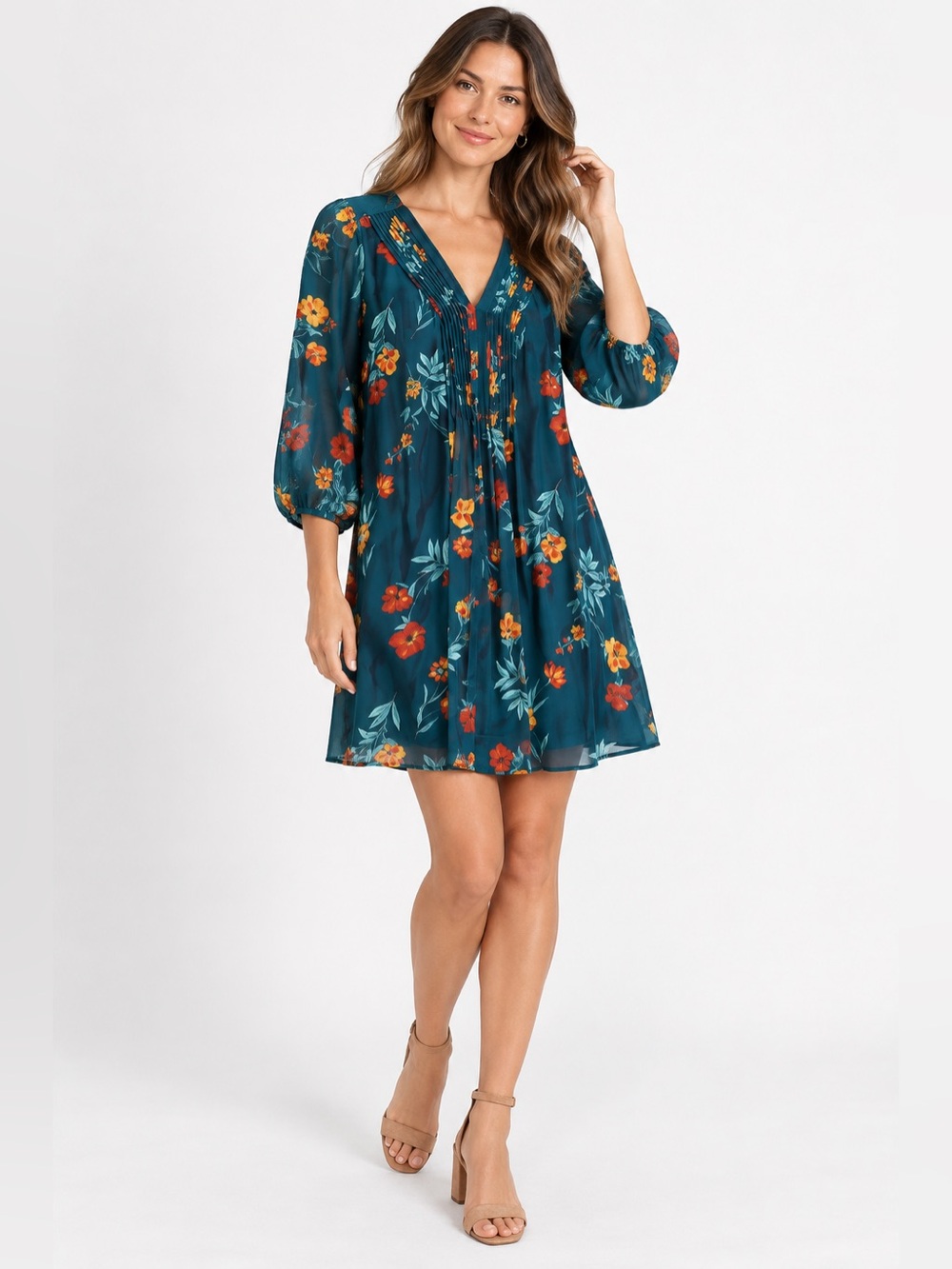 Calvin Klein Size 14 Fall Floral Pintuck Chiffon Dress Teal Orange 3/4 Sleeve